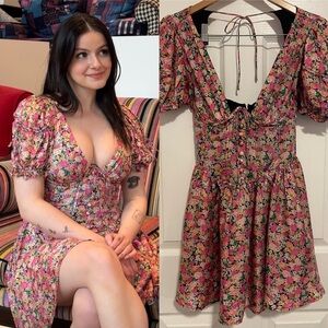 For Love & Lemons Paulina Mini Dress ASO Ariel Winter Pink Floral Puff Sleeve XS
